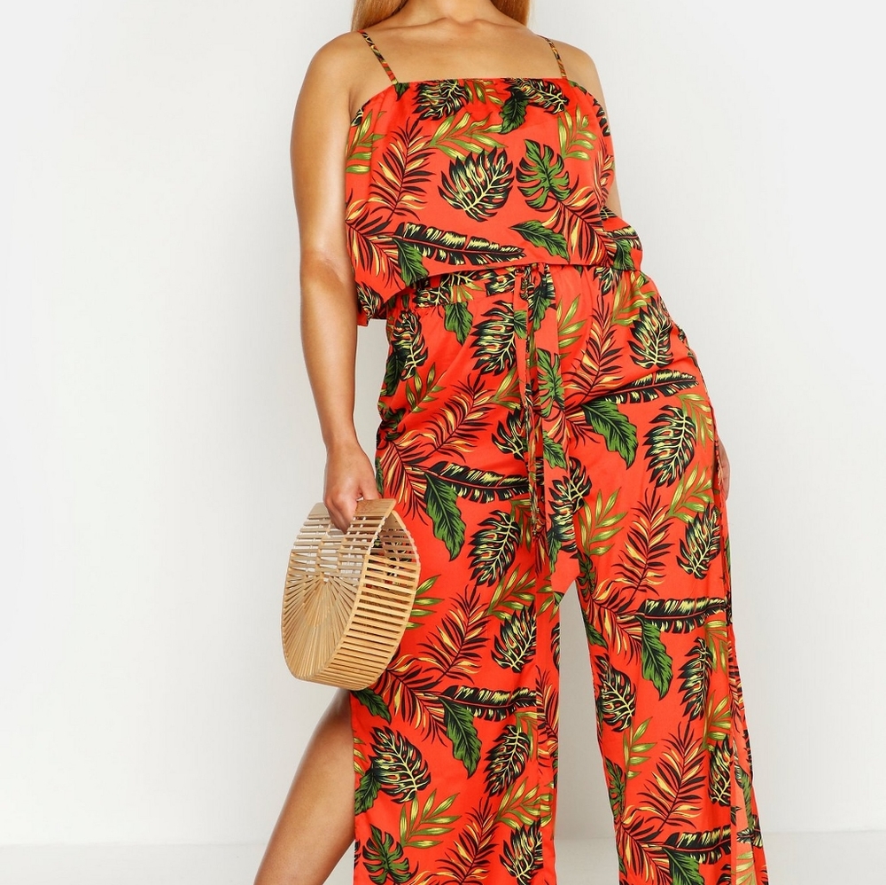 Boohoo plus palm print tie waist trouser a…